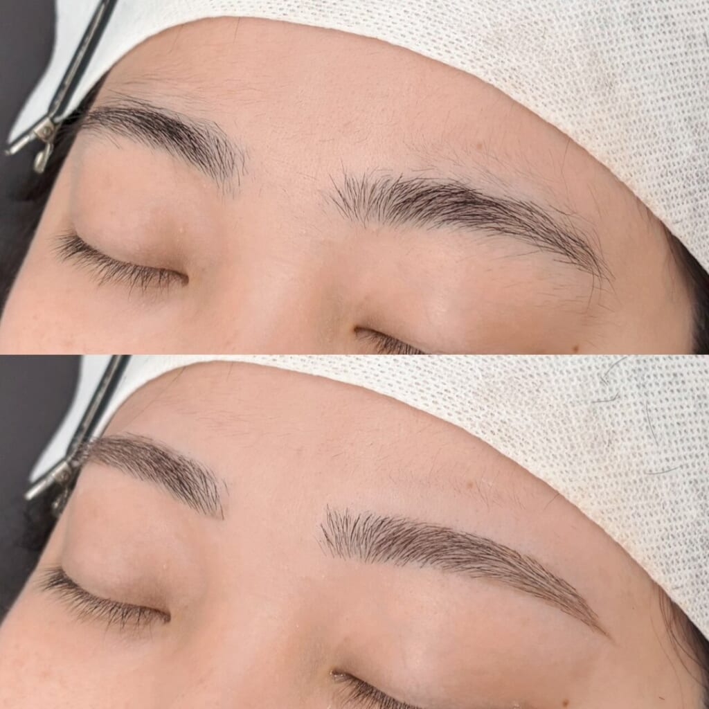 目を閉じた両目の目元を上下に並べた写真。左右の眉の高さと形を見ながら整えた眉
