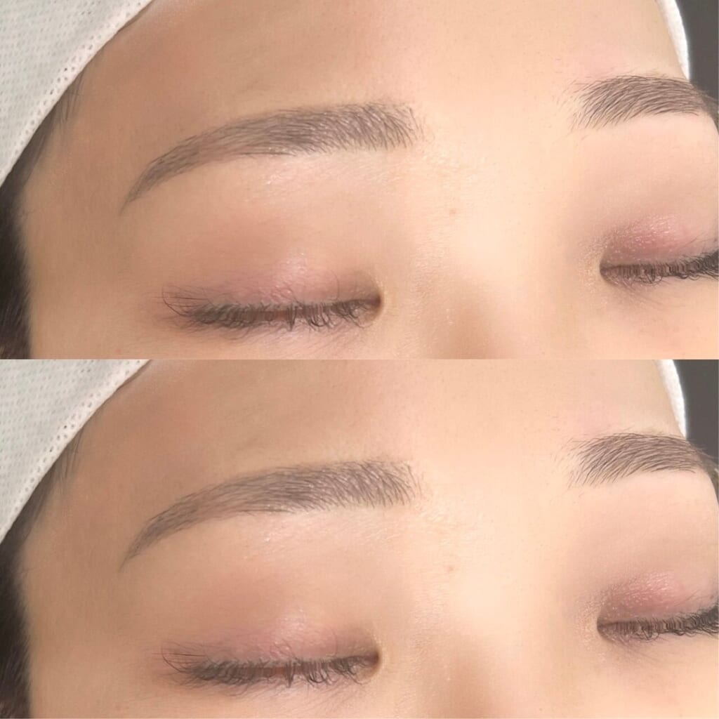 目を閉じた目元を上下に並べた写真。眉頭から中間までは平行に近く、眉尻に向かってゆるやかなカーブをつけた平行アーチ眉