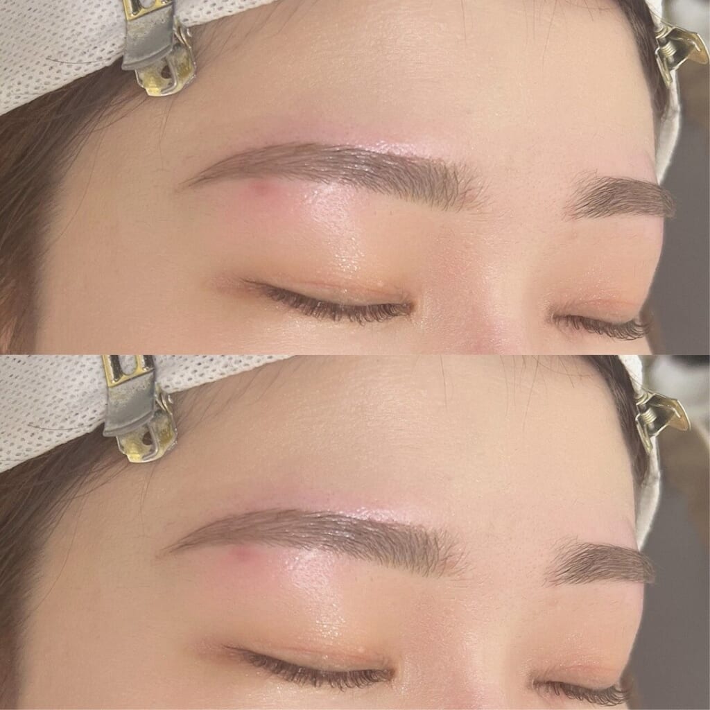目を閉じた目元を上下に並べた写真。自眉の毛流れを活かして平行アーチ眉に整えた眉