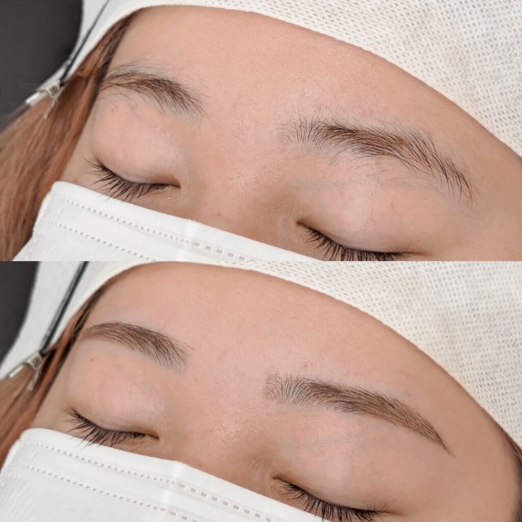 マスクをした状態で目を閉じた目元を上下に並べた写真。自眉を活かして、ゆるやかなアーチ型に整えた眉