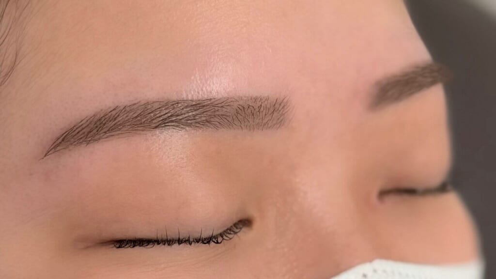 目を閉じた目元の写真。眉頭のあたりは平行で、眉尻に向かって丸みをつけた平行アーチ眉