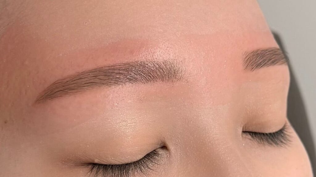目を閉じた目元の写真。太さをそろえ、角度をつけずに整えた眉
