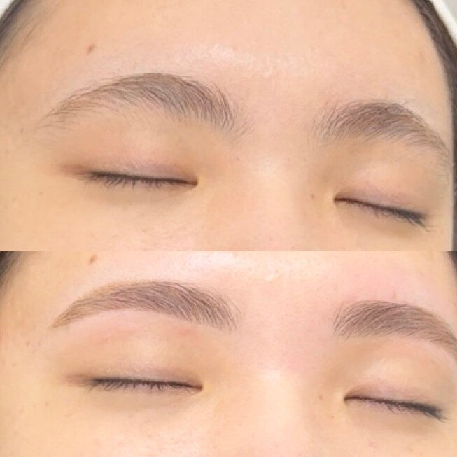 目を閉じた目元を上下に並べた写真。上は整える前の眉、下は眉山に丸みをもたせて整えたアーチ眉