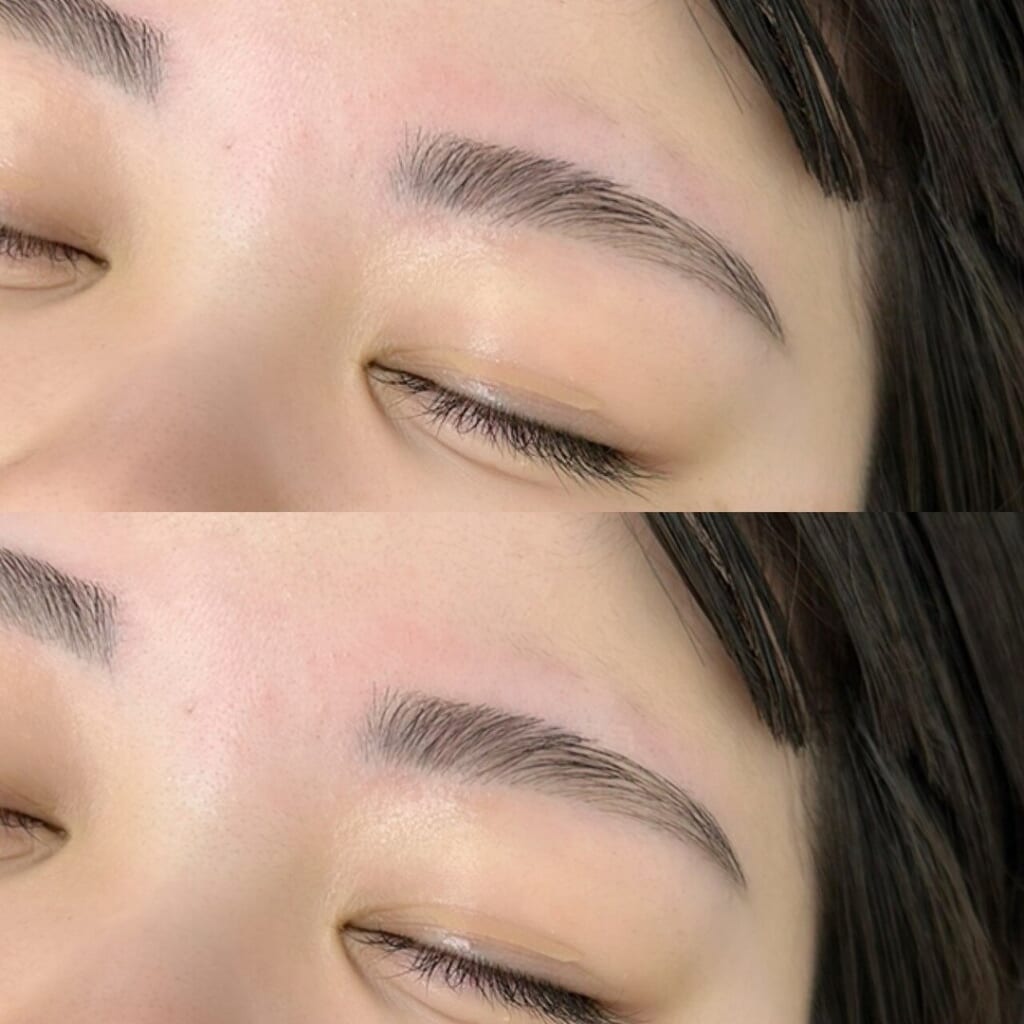目を閉じた目元を上下に並べた写真。眉の上側を整えて、目との距離を開けずに仕上げた眉