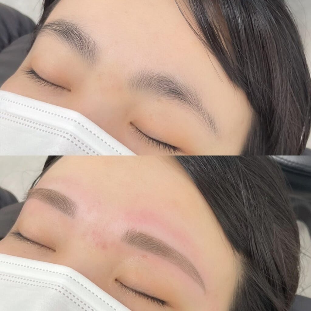 マスクをした状態で目を閉じた目元を上下に並べた写真。下は眉山の位置を整えた眉