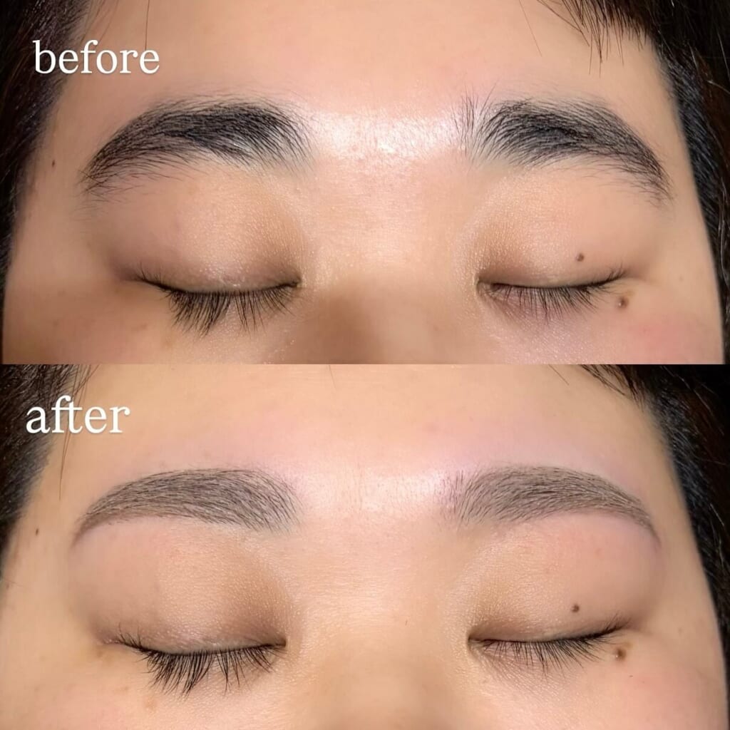 目を閉じた目元を上下に並べた写真。上(before)は眉尻が下がった眉、下(after)は左右のバランスを見て整えた眉