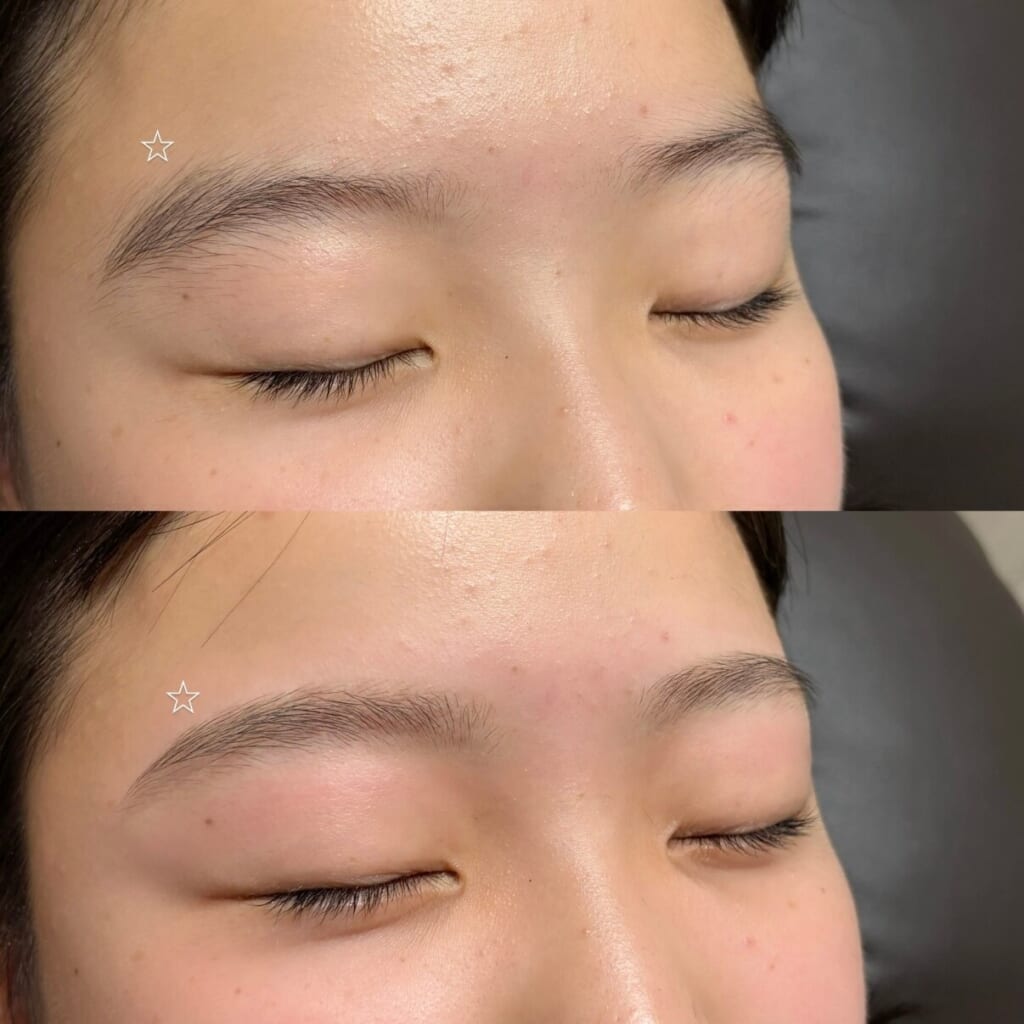 目を閉じた目元を上下に並べた写真。上は伸ばした状態の眉、下は産毛も活かして自然に整えた眉