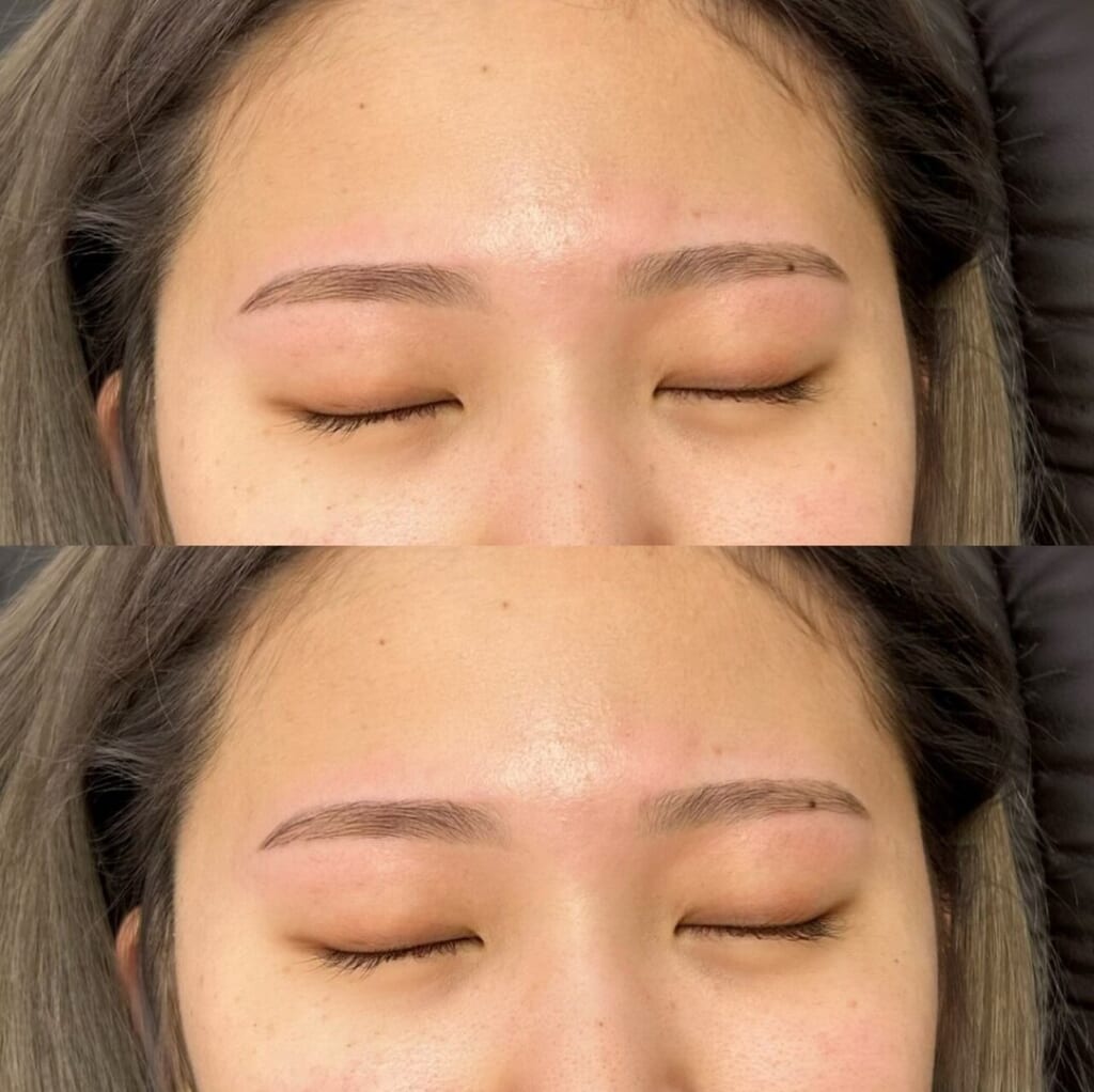 明るい髪色の方の、目を閉じた目元を上下に並べた写真。上は整える前の眉、下は整えて仕上げた眉