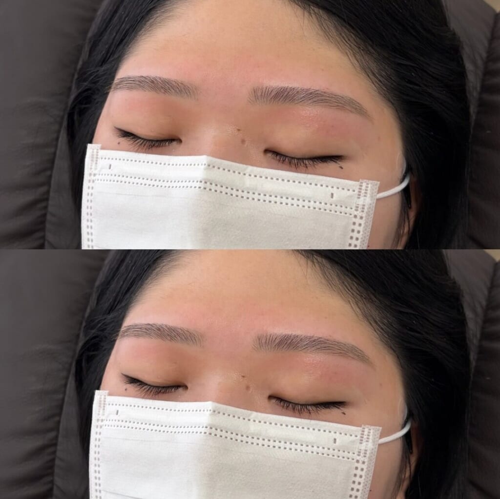 マスクをした状態で目を閉じた目元を上下に並べた写真。下は、眉メイクで色をのせて仕上げた眉