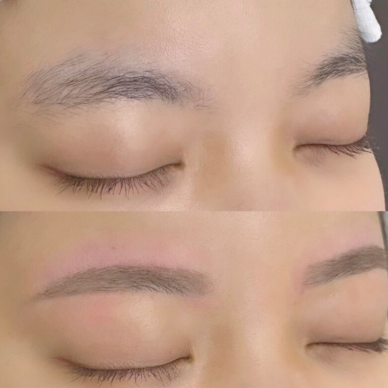 目を閉じた目元を上下に並べた写真。上は自己処理をせずに伸ばした眉、下は伸ばした毛を活かして形を整えた眉