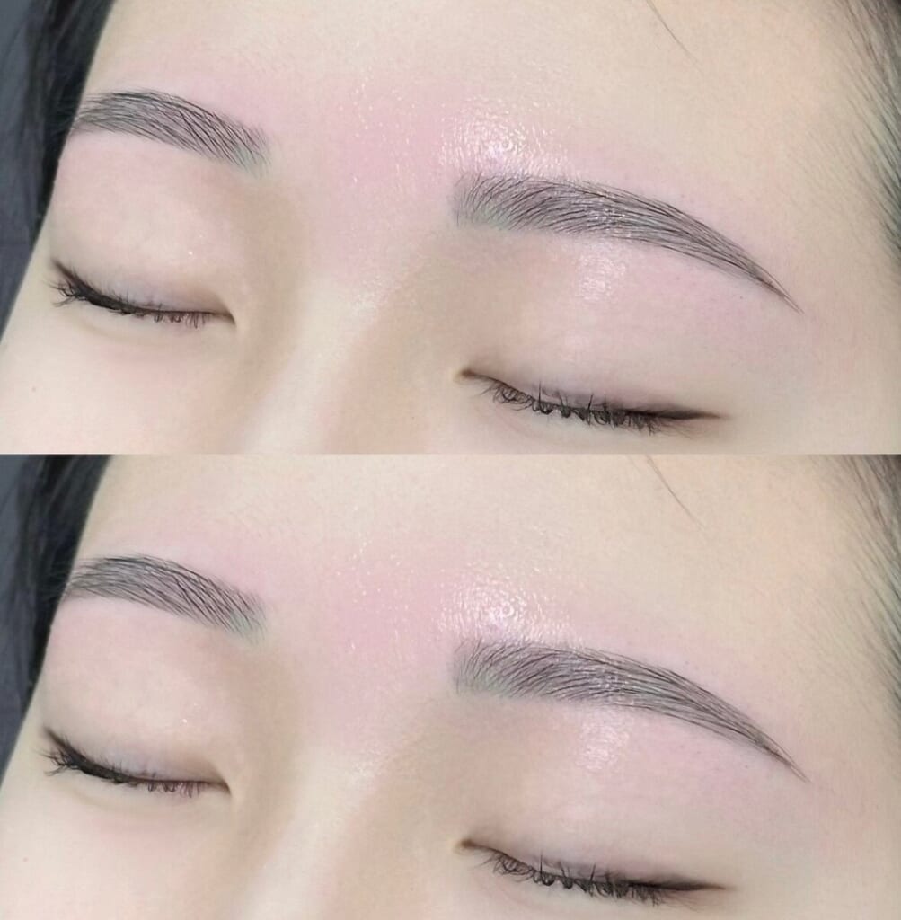 目を閉じた目元を上下に並べた写真。眉山を丸くつないだ、柔らかい印象のアーチ眉