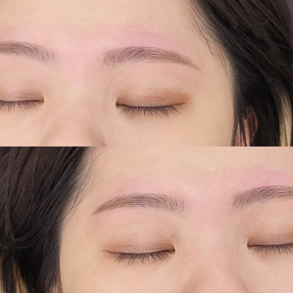 目を閉じた目元を上下に並べた写真。上は整える前の眉、下は骨格や額の形に合わせて整えたアーチ眉