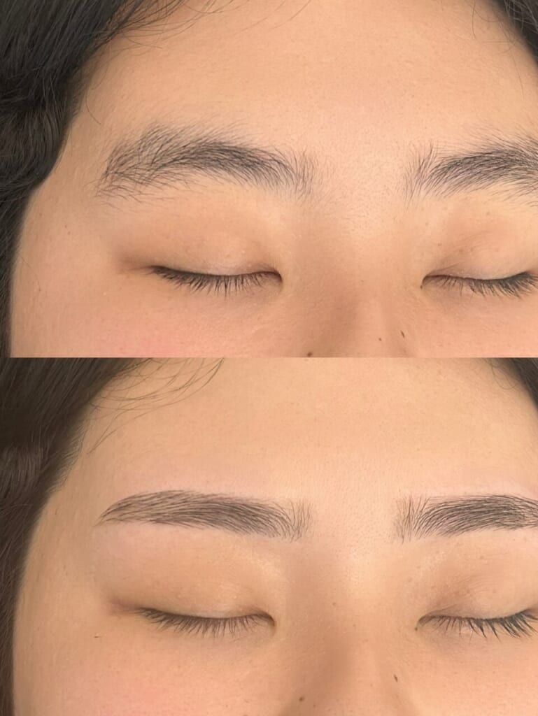 目を閉じた目元を上下に並べた写真。上は整える前の眉、下はカットと毛抜きで細かく整えた眉