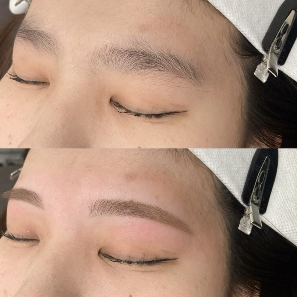 目を閉じた目元を上下に並べた写真。上は伸ばした状態の眉、下は初めてのワックスで整えた眉