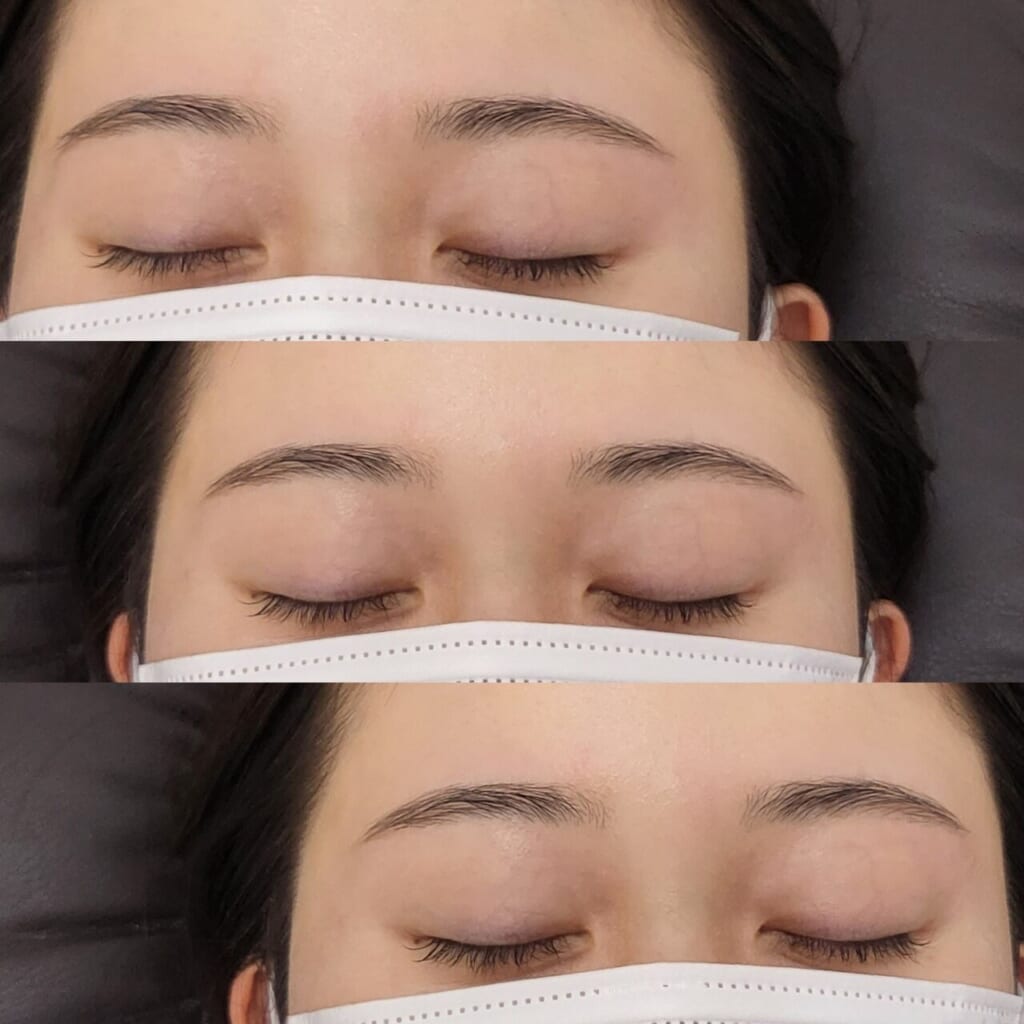 ゆるいアーチ眉に整えた、マスクをして目を閉じた女性の目元を3枚並べた写真