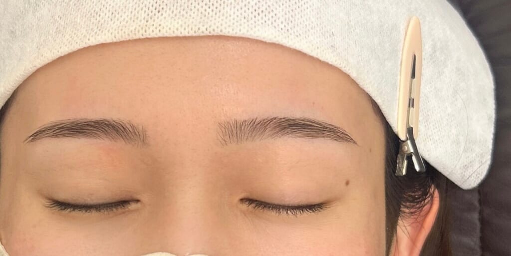 目を閉じた目元の写真。毛の長さを切りそろえ、平行に整えた眉