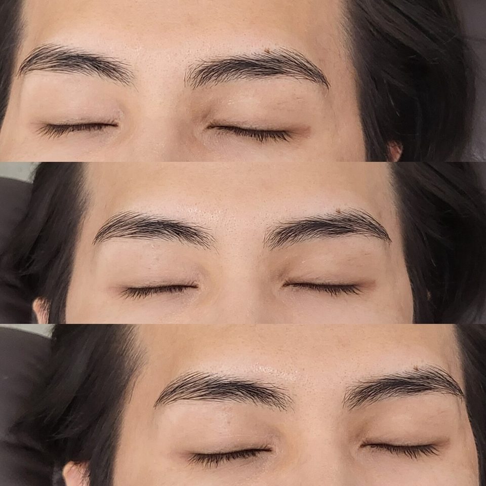 目を閉じた男性の目元を3段に並べた写真。眉サロンで整えた眉