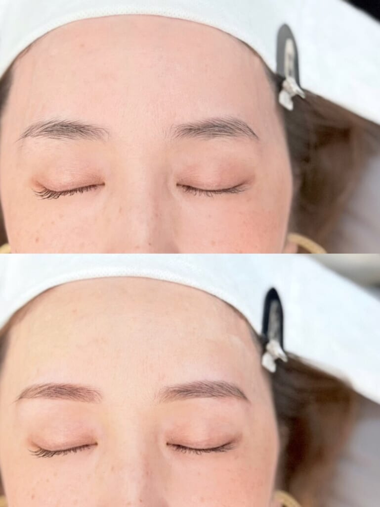 目を閉じた目元を上下に並べた写真。上は整える前の眉、下はワックスで整えた眉