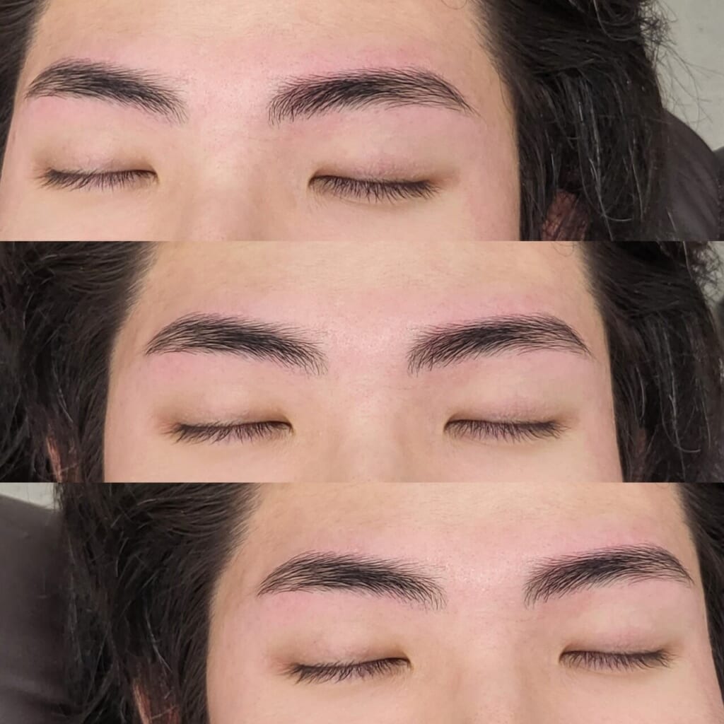 ナチュラルなストレート眉に整えた男性の目元を、角度を変えて3枚並べた写真。いずれも目を閉じている