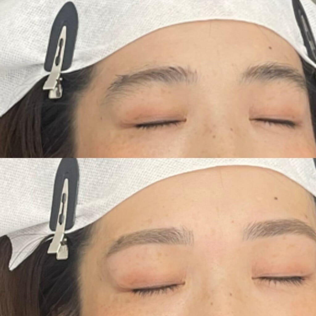 ヘアバンドを着けて目を閉じた女性の、眉と目元のアップを上下に2枚並べた写真