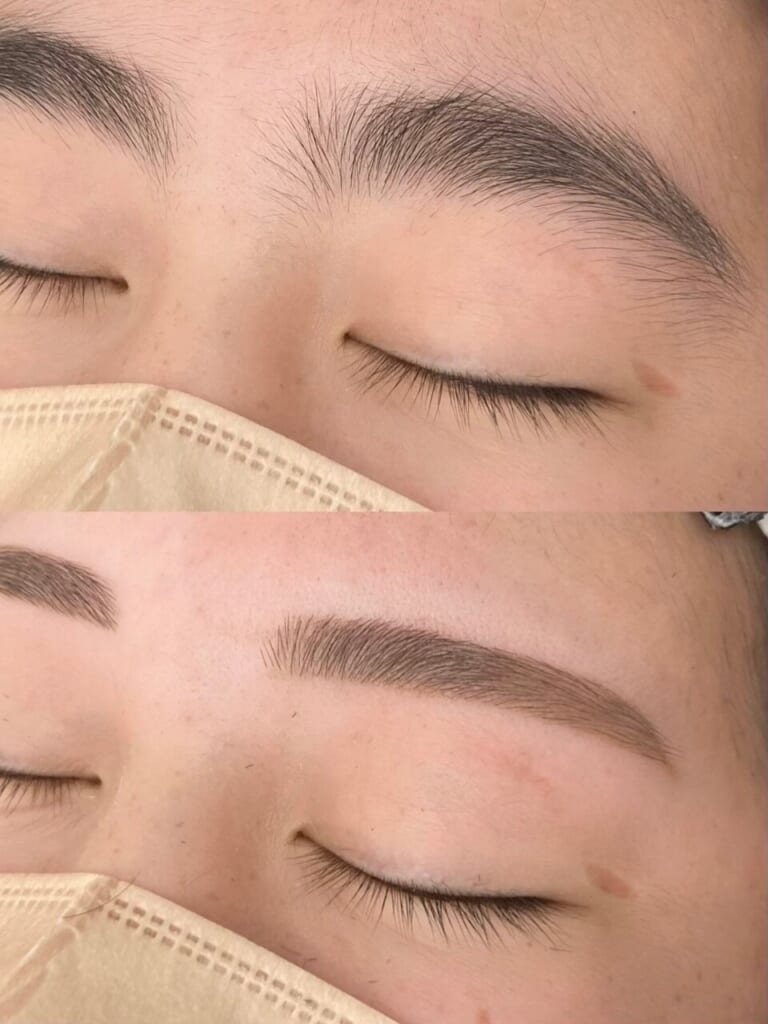 マスクをした状態で目を閉じた目元を上下に並べた写真。上は整える前の眉、下はワックスで整えた眉