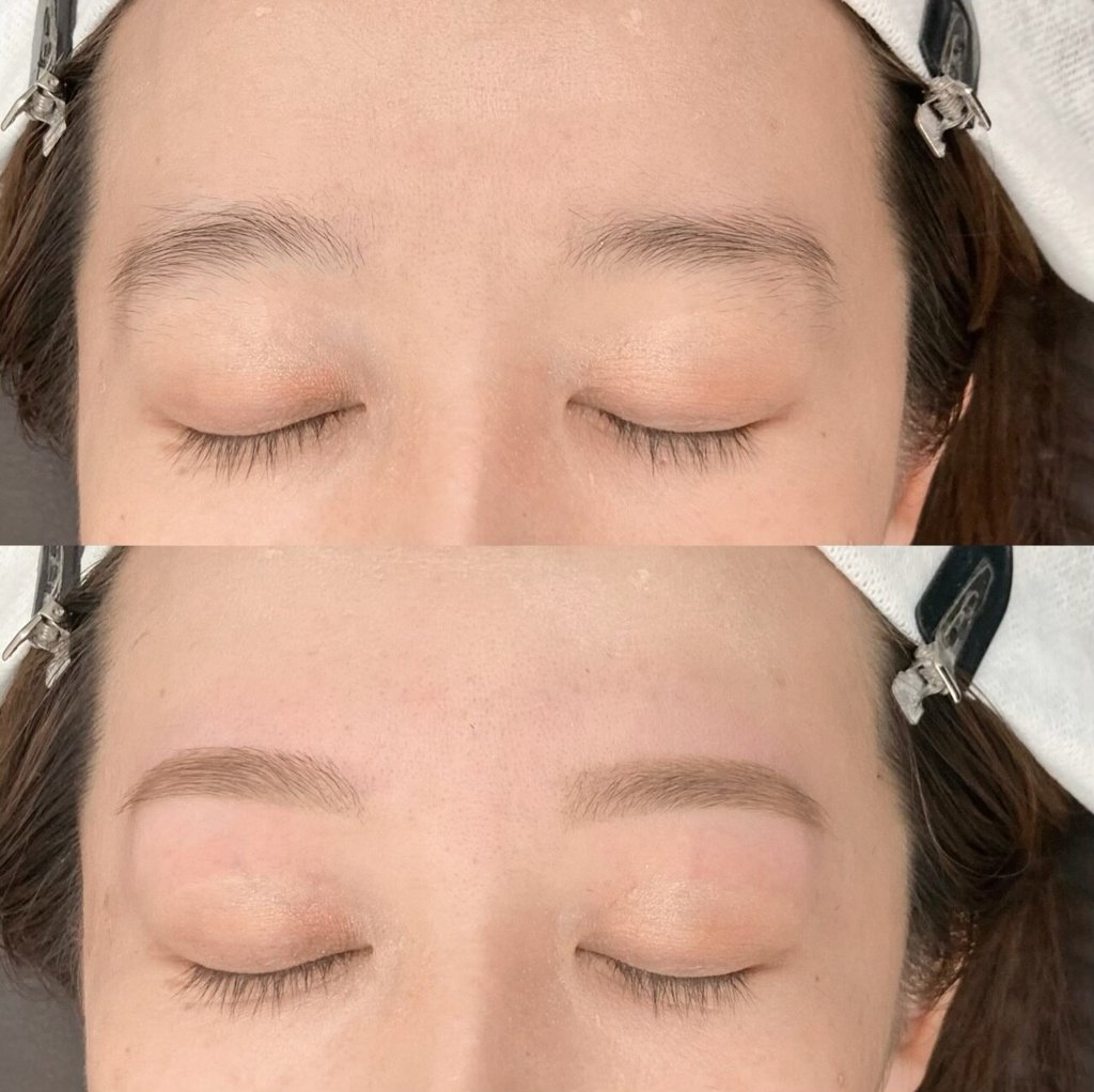 目を閉じた目元を上下に並べた写真。上は毛が細く薄い眉、下は眉メイクで形を描き足した眉