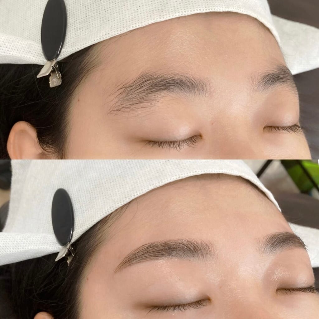 目を閉じた目元を上下に並べた写真。上は整える前の眉、下はワックスで眉のまわりの毛を取って整えた眉