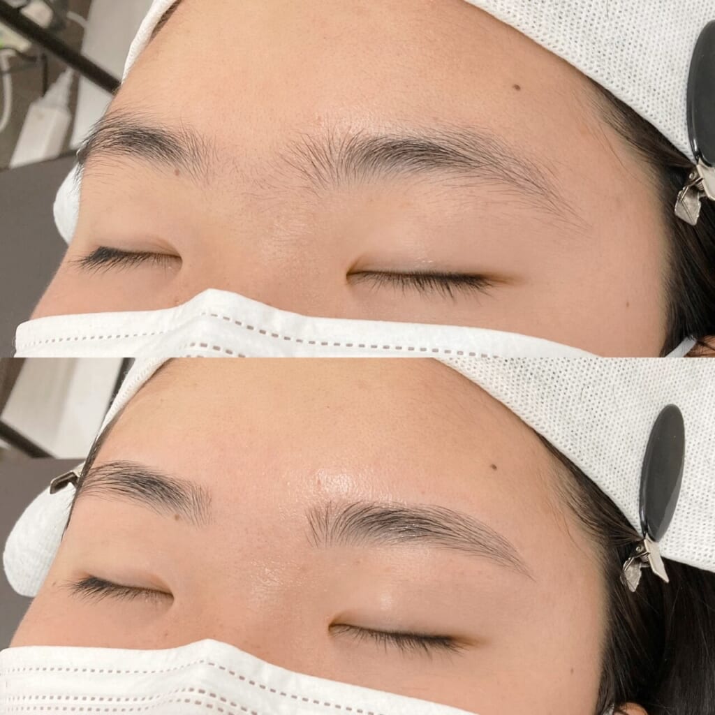 マスクをした状態で目を閉じた目元を上下に並べた写真。上は整える前の眉、下は毛の長さもカットして毛流れを整えた眉