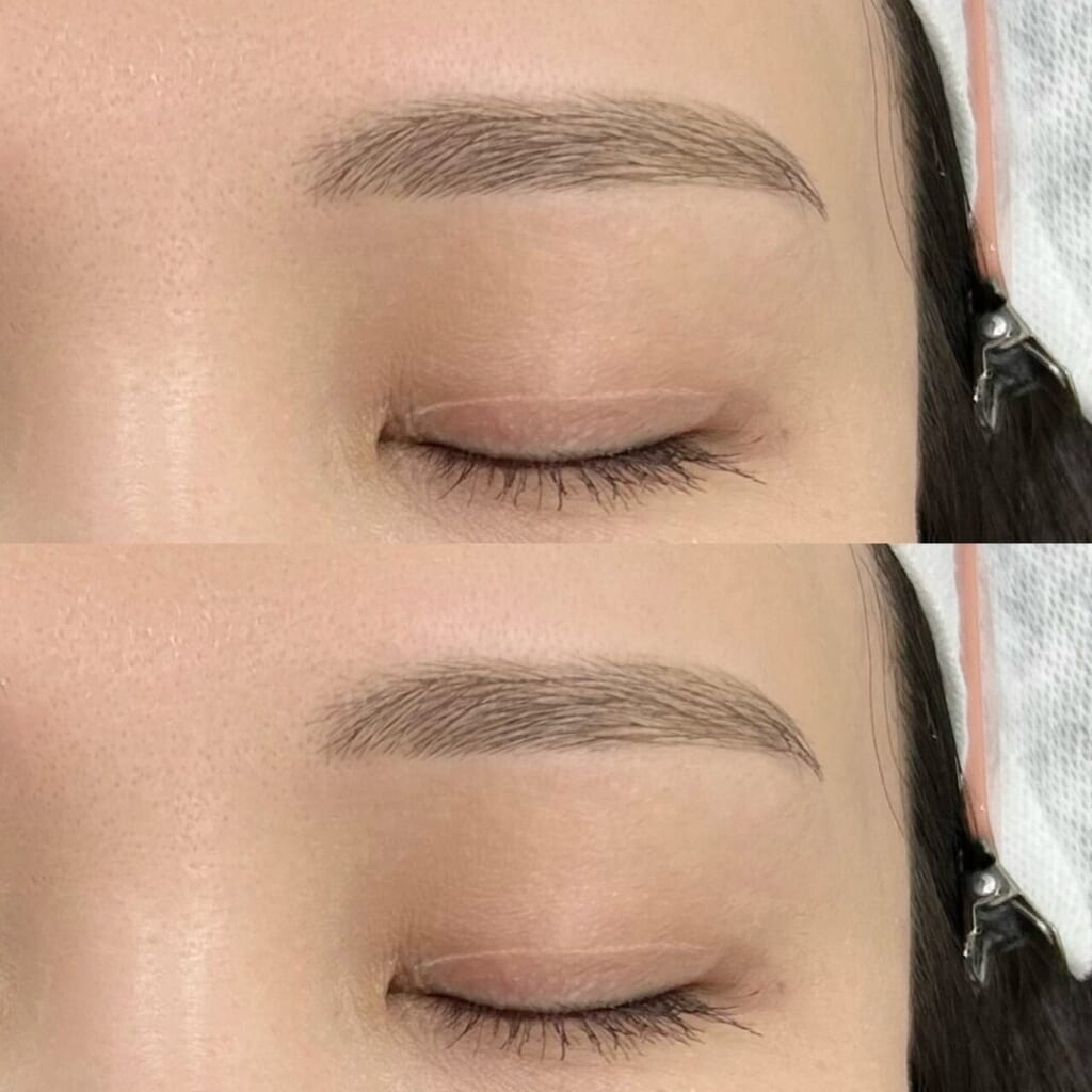 目を閉じた目元を上下に並べた写真。眉頭から眉山まで平行に、眉尻にかけて丸みをつけて整えた眉