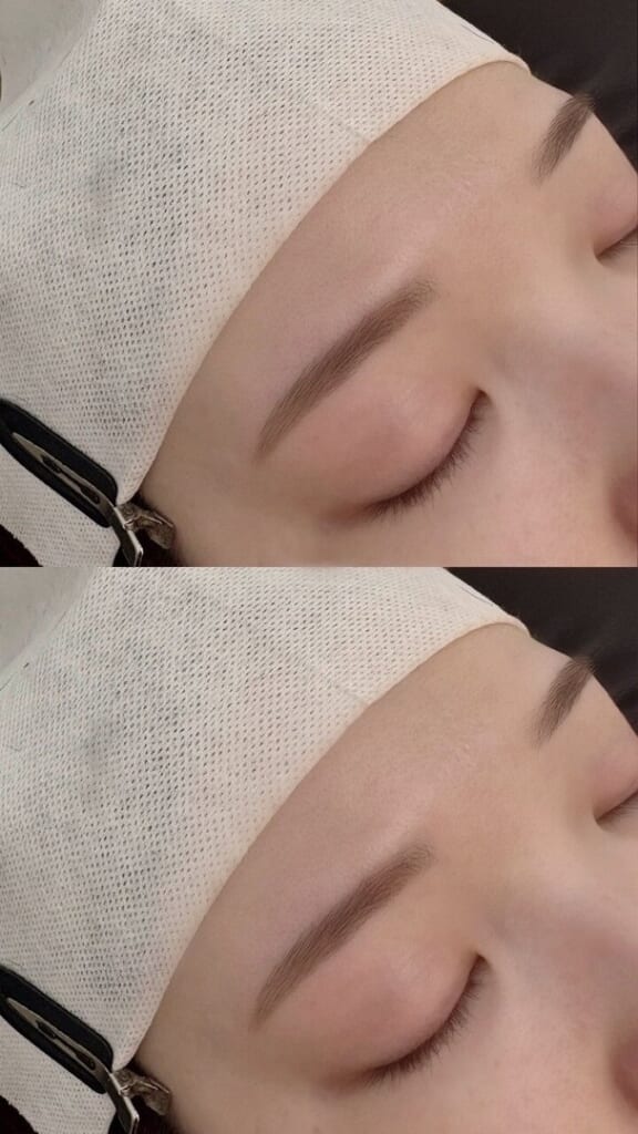目を閉じた目元を上下に並べた写真。自眉の形を活かしながら、まわりの余分な毛を整えた眉