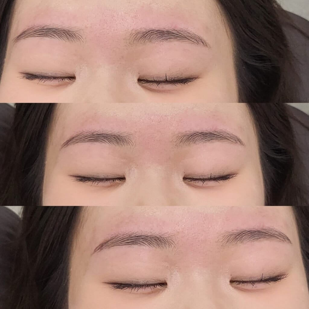 目を閉じた女性の目元を3枚並べた写真。自己処理で細くなっていた眉を、平行眉に整えている