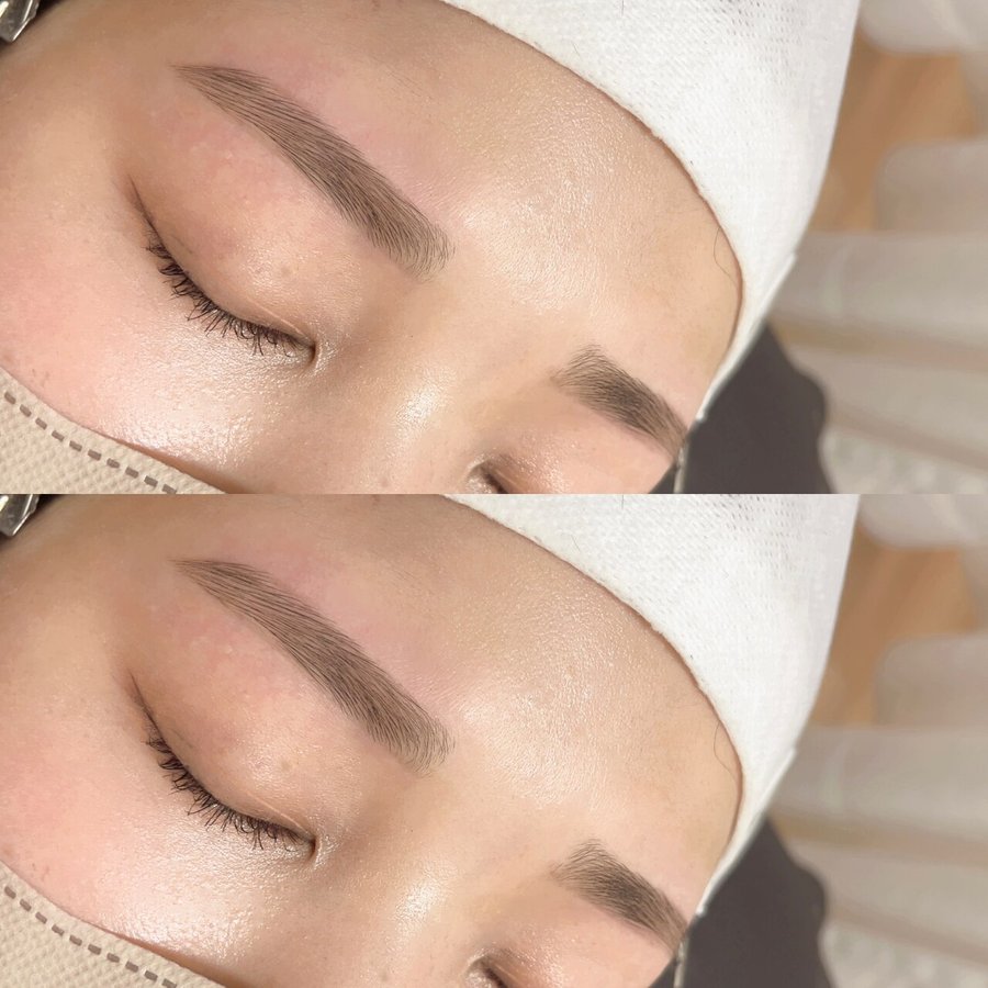 目を閉じた目元を横から写した写真を上下に並べた写真。下は、眉の下側をメイクで描き足して平行に仕上げた眉