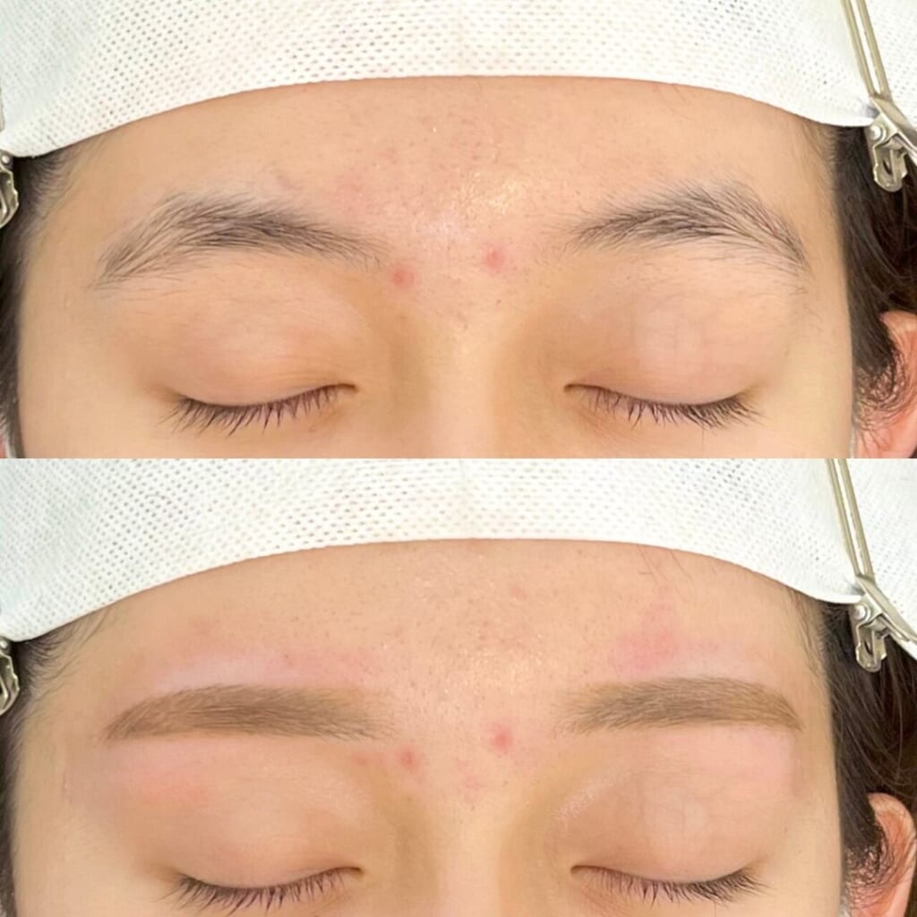 目を閉じた目元を上下に並べた写真。上は丸みのついたアーチ形の自眉、下は平行に近い形に整えて描き足した眉