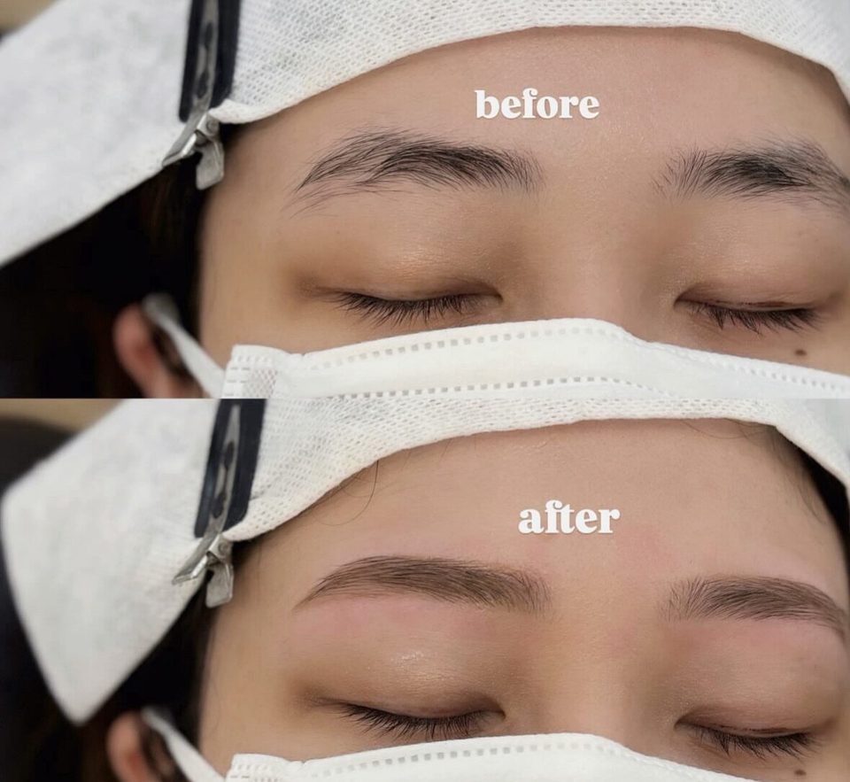 目を閉じた目元を上下に並べた写真。上(before)は整える前の眉、下(after)は整えた後の眉