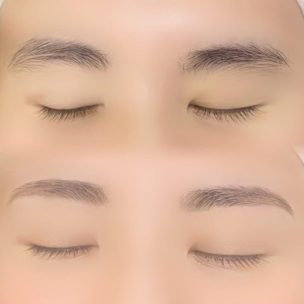 目を閉じた目元を上下に並べた写真。上は整える前の眉、下は左右のバランスをそろえて仕上げた眉