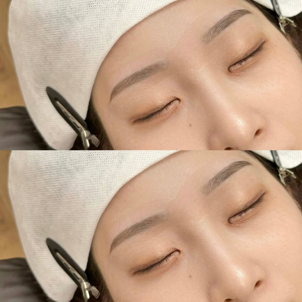 目を閉じた目元を上下に並べた写真。もともとの眉に合わせてデザインした眉