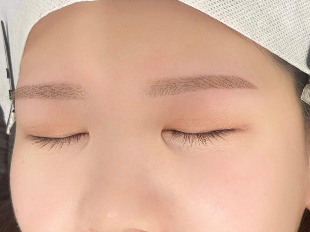 正面から撮った、目を閉じた目元の写真。自眉に合わせて左右の高さを近づけて整えた眉