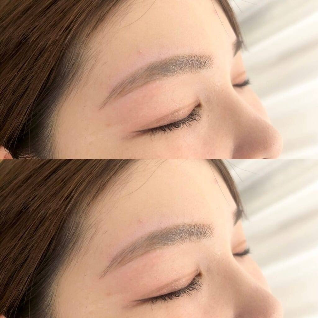 斜めから撮った、目を閉じた目元を上下に並べた写真。眉尻に向かって細く整えた綺麗めの眉