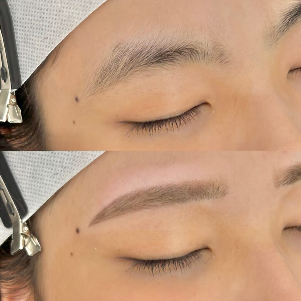 目を閉じた目元を上下に並べた写真。上は整える前の眉、下は形を整えた眉
