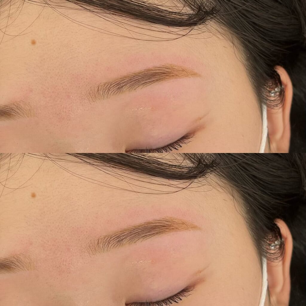 横から撮った、目を閉じた目元を上下に並べた写真。眉尻を目尻の外側まで伸ばして整えた眉