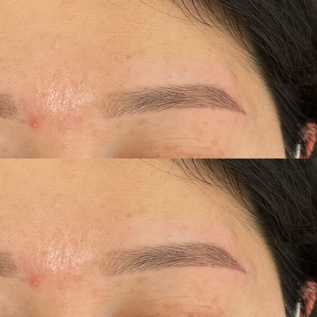 眉を上下に並べた写真。眉頭側を薄く、眉尻側を濃く仕上げた眉