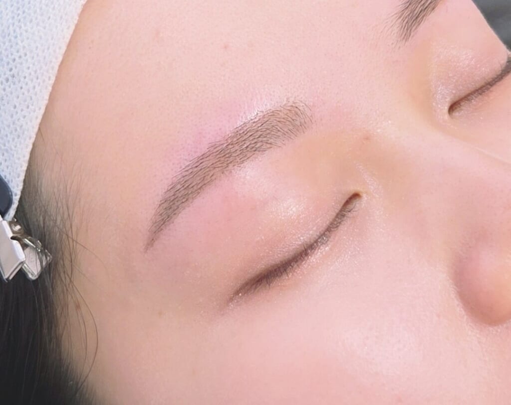 目を閉じた目元を斜めから撮った写真。眉山の位置と角度を調整して整えた眉