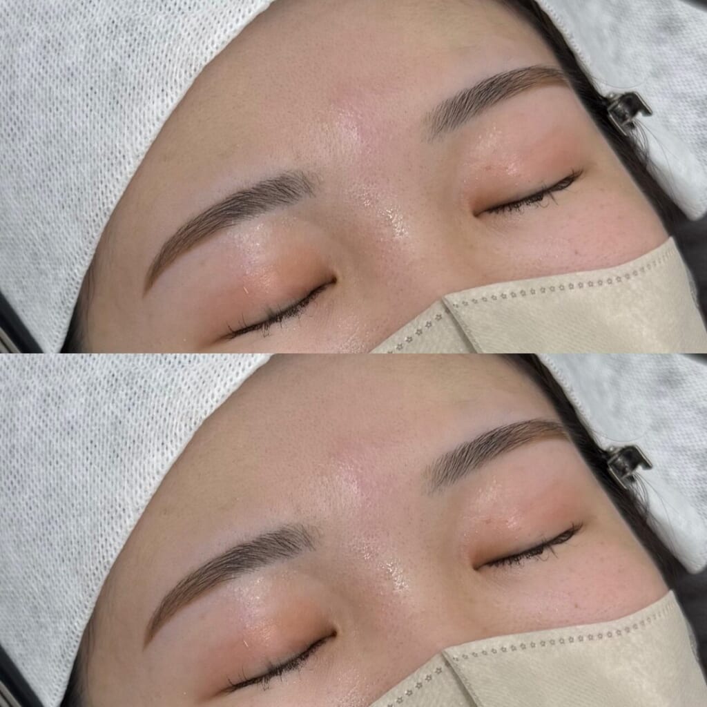 マスクをした状態で目を閉じた目元を上下に並べた写真。眉頭は薄く、眉尻に向かって濃く見えるように仕上げた眉