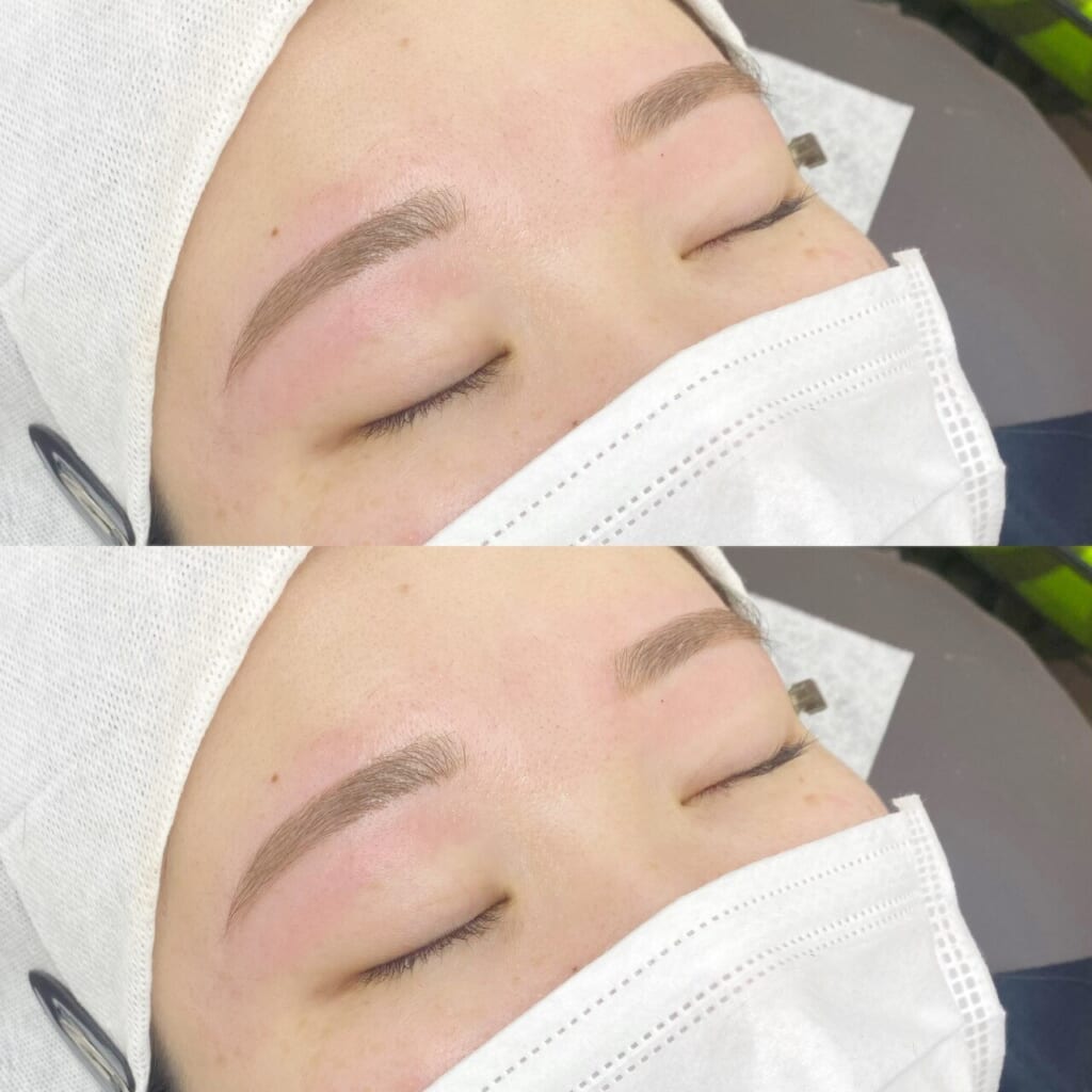 マスクをした状態で目を閉じた目元を上下に並べた写真。顔立ちに合わせて形を整えた眉