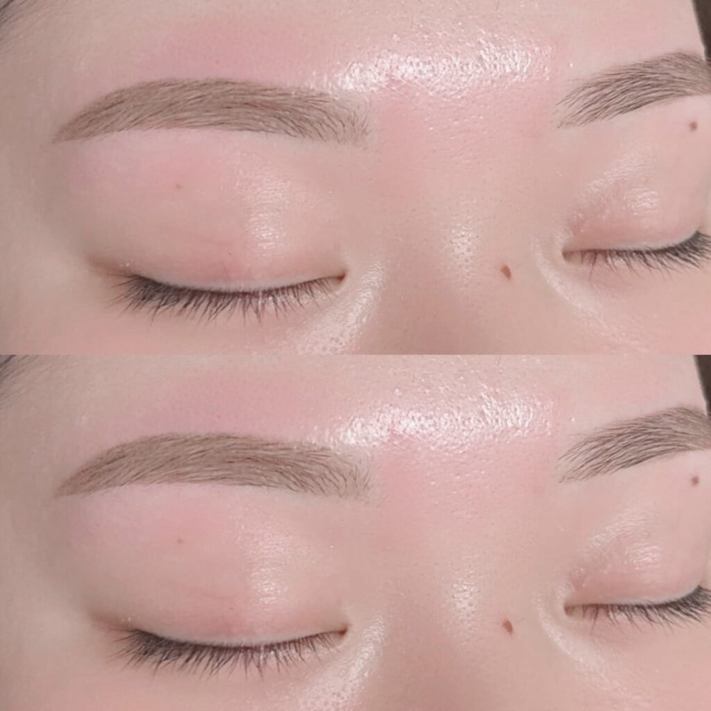 目を閉じた目元を上下に並べた写真。自己処理をせずに伸ばしてから整えた眉