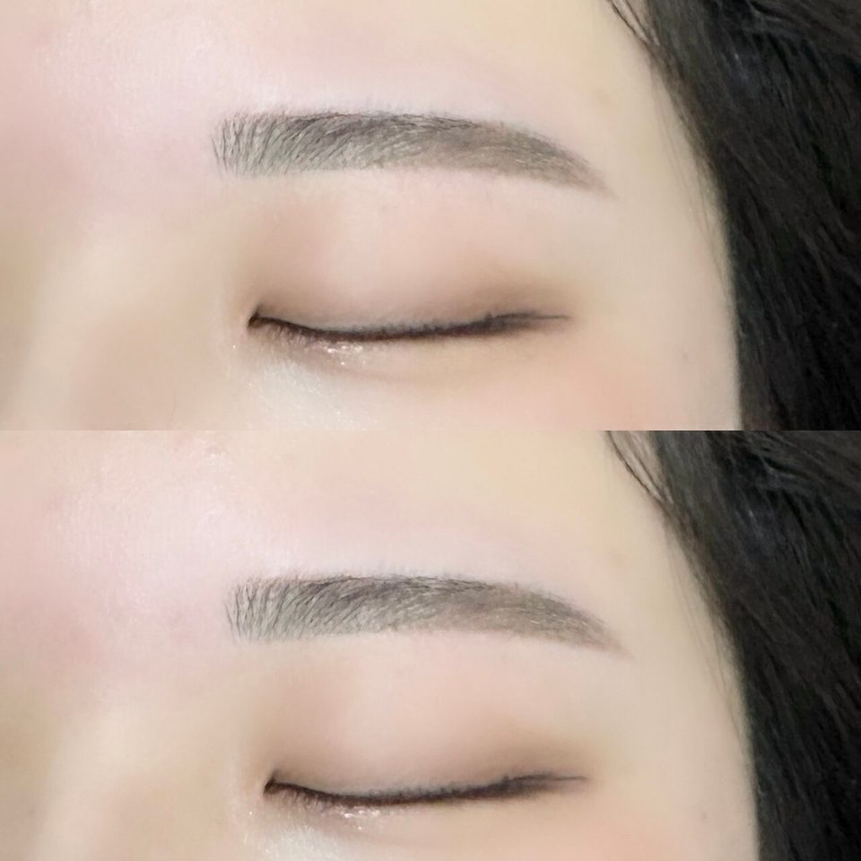 目を閉じた目元を上下に並べた写真。もともとの眉の形を活かして整えた眉