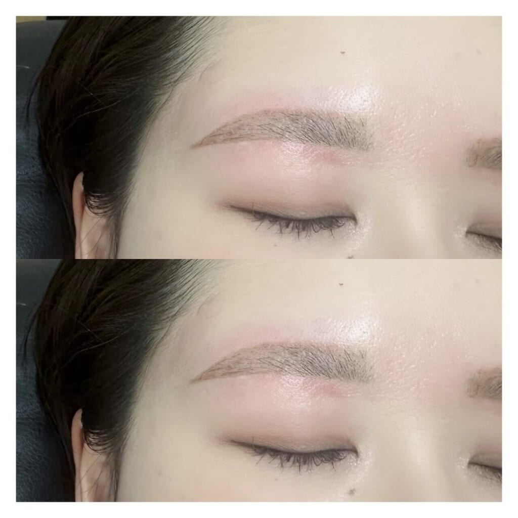 目を閉じた目元を上下に並べた写真。自眉を活かして自然な平行眉に整えた眉