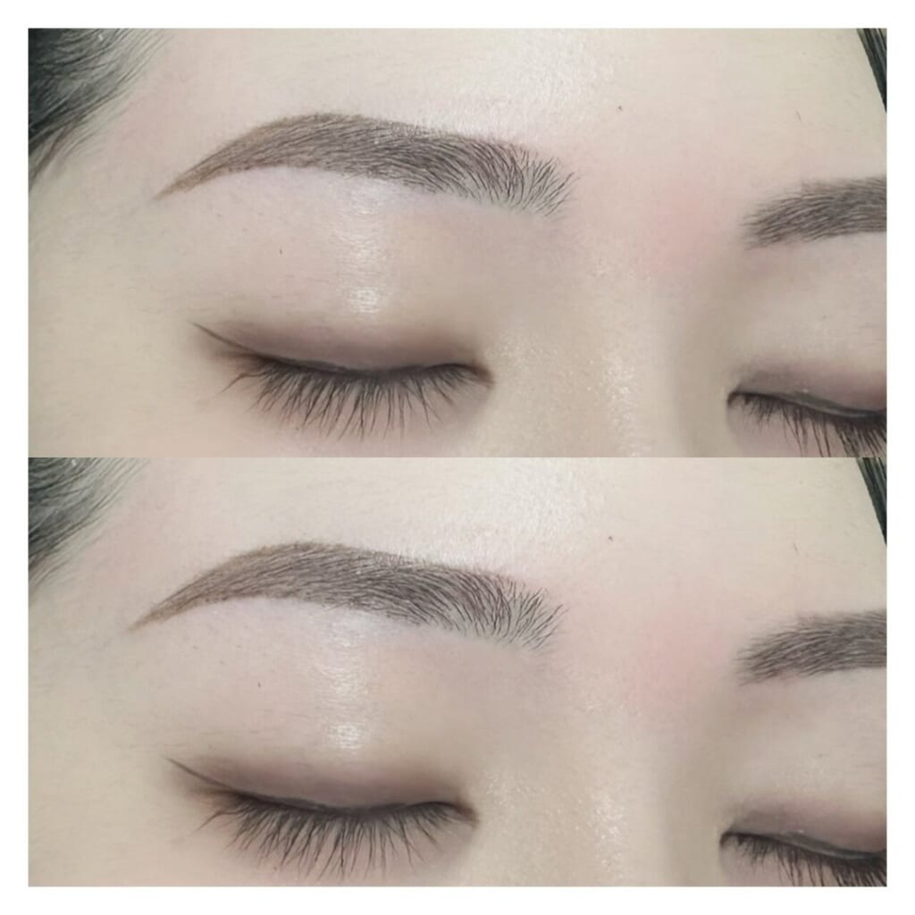 目を閉じた目元を上下に並べた写真。眉山と眉尻の位置を目安に合わせて整えた眉