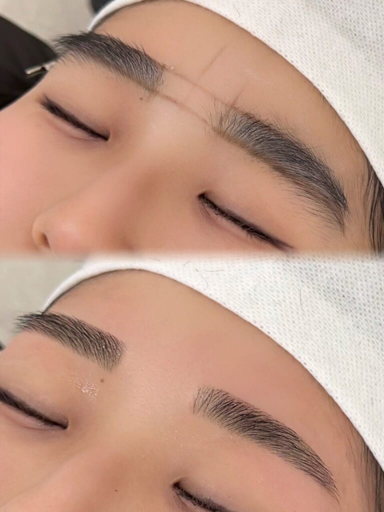 目を閉じた目元を上下に並べた写真。上はデザインを描いた状態、下はすべての工程を終えた仕上げのメイク前の眉