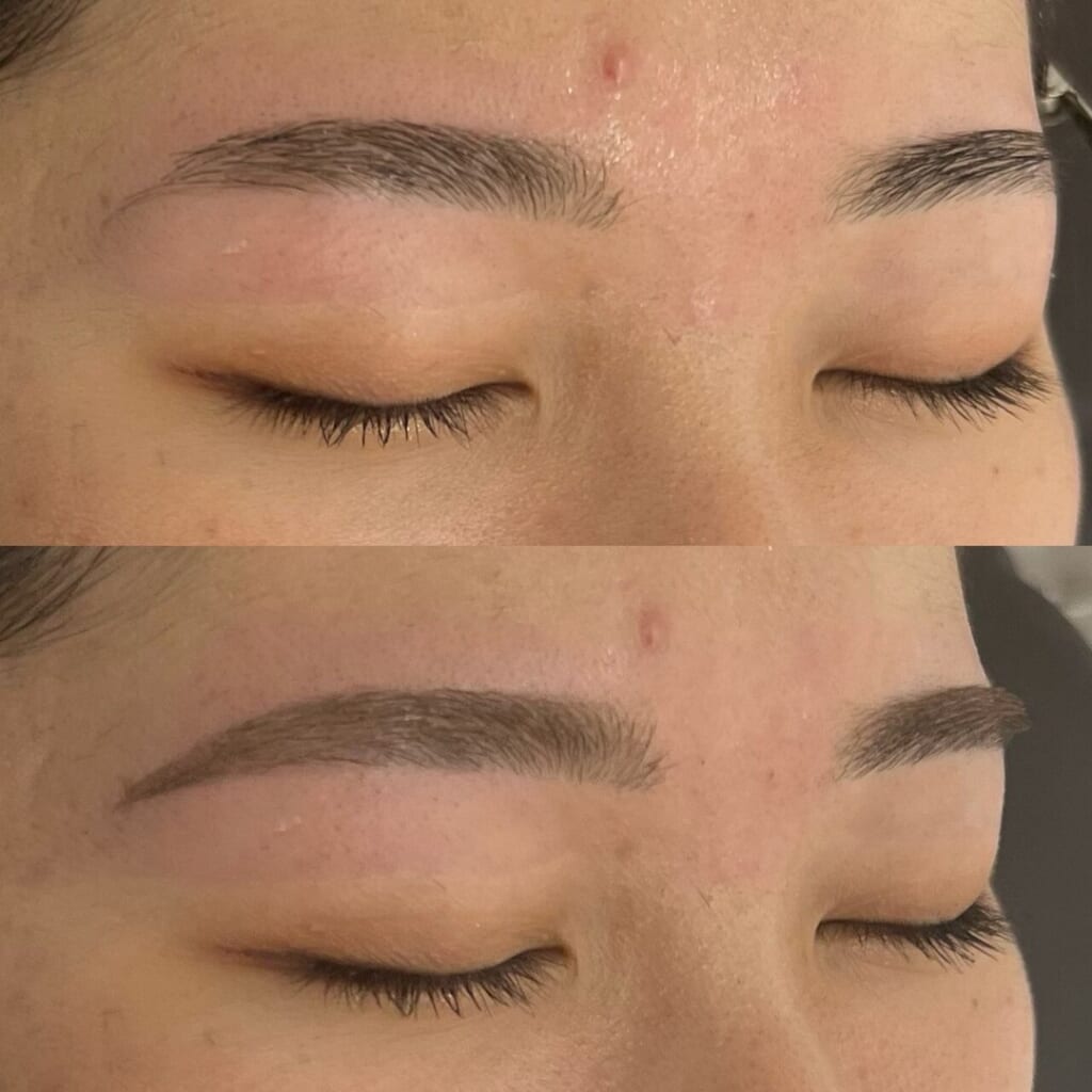 目を閉じた目元を上下に並べた写真。上はメイクをしていない眉、下は眉尻の長さだけを少し描き足し、眉マスカラで仕上げた眉
